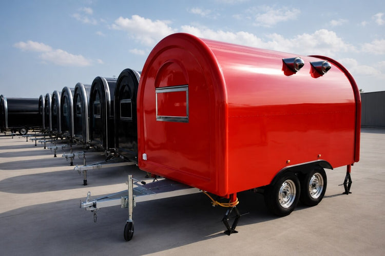 Custom round food trailers for sale — red rounded concession trailer with arched design, built and shipped worldwide by Isabella Trailer