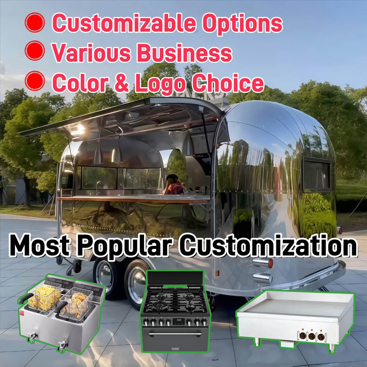 Custom airstream food trailer with color and logo options – equipped with deep fryer, 6-burner stove, and commercial griddle – Isabella Trailer