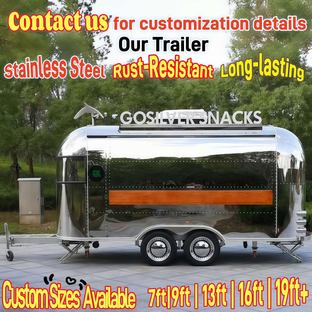 Airstream food trailer for sale – stainless steel rust-resistant body, custom sizes 7ft to 19ft, dual axle – Isabella Trailer
