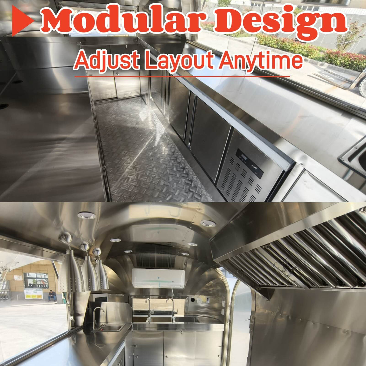 Airstream food trailer interior – stainless steel commercial kitchen with ventilation hood, under-counter refrigerator, and diamond plate floor – Isabella Trailer