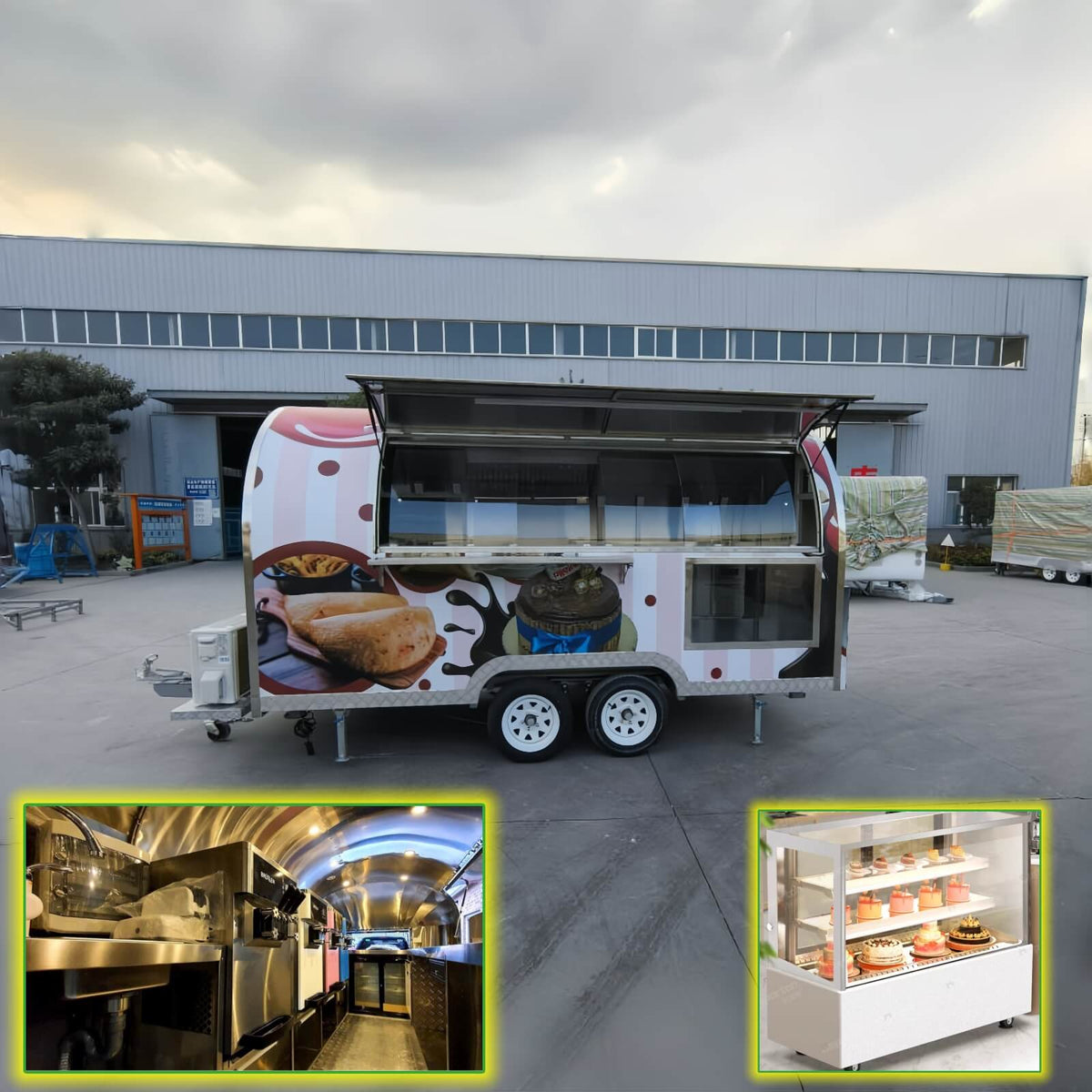 Bakery trailer with curved sliding service window and custom dessert graphics