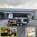 Bakery trailer with curved sliding service window and custom dessert graphics