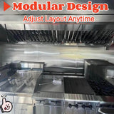 Interior of a BBQ concession trailer with a commercial exhaust hood, grill, and deep fryer