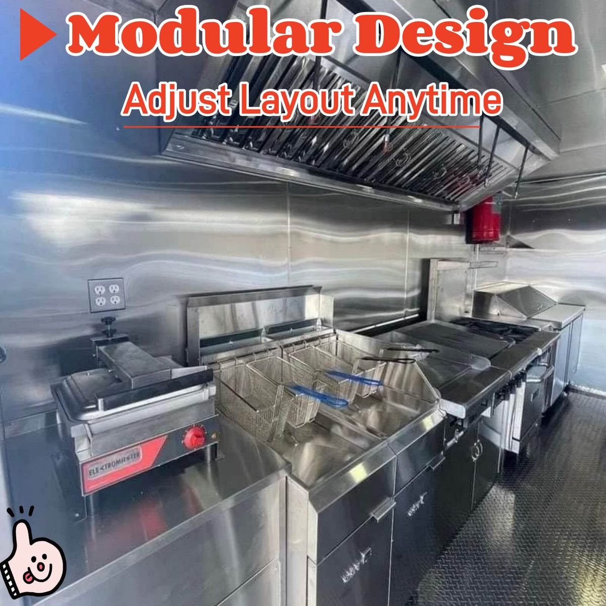 Commercial BBQ trailer kitchen with stainless steel walls, exhaust hood, grill, fryer, and fire suppression equipment