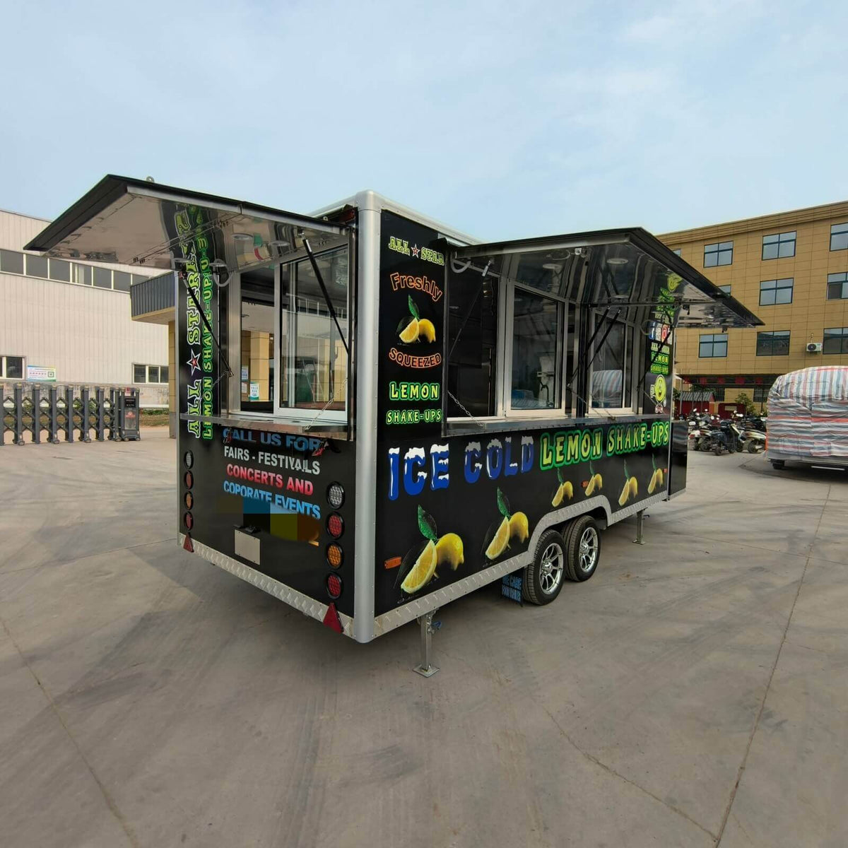 Beverage trailer featuring three open service windows designed for fast customer service at festivals and outdoor events