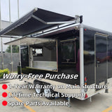 Black food concession trailer with an open service window and extended serving awning