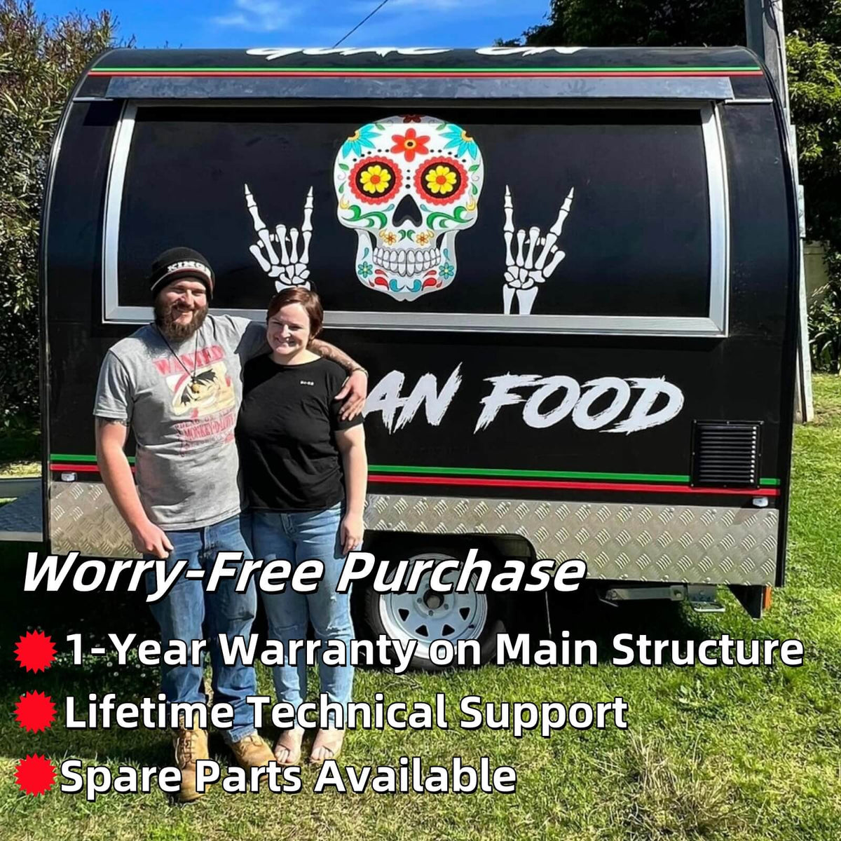 Customer standing beside a black rounded Mexican food trailer with Sugar Skull custom wrap design