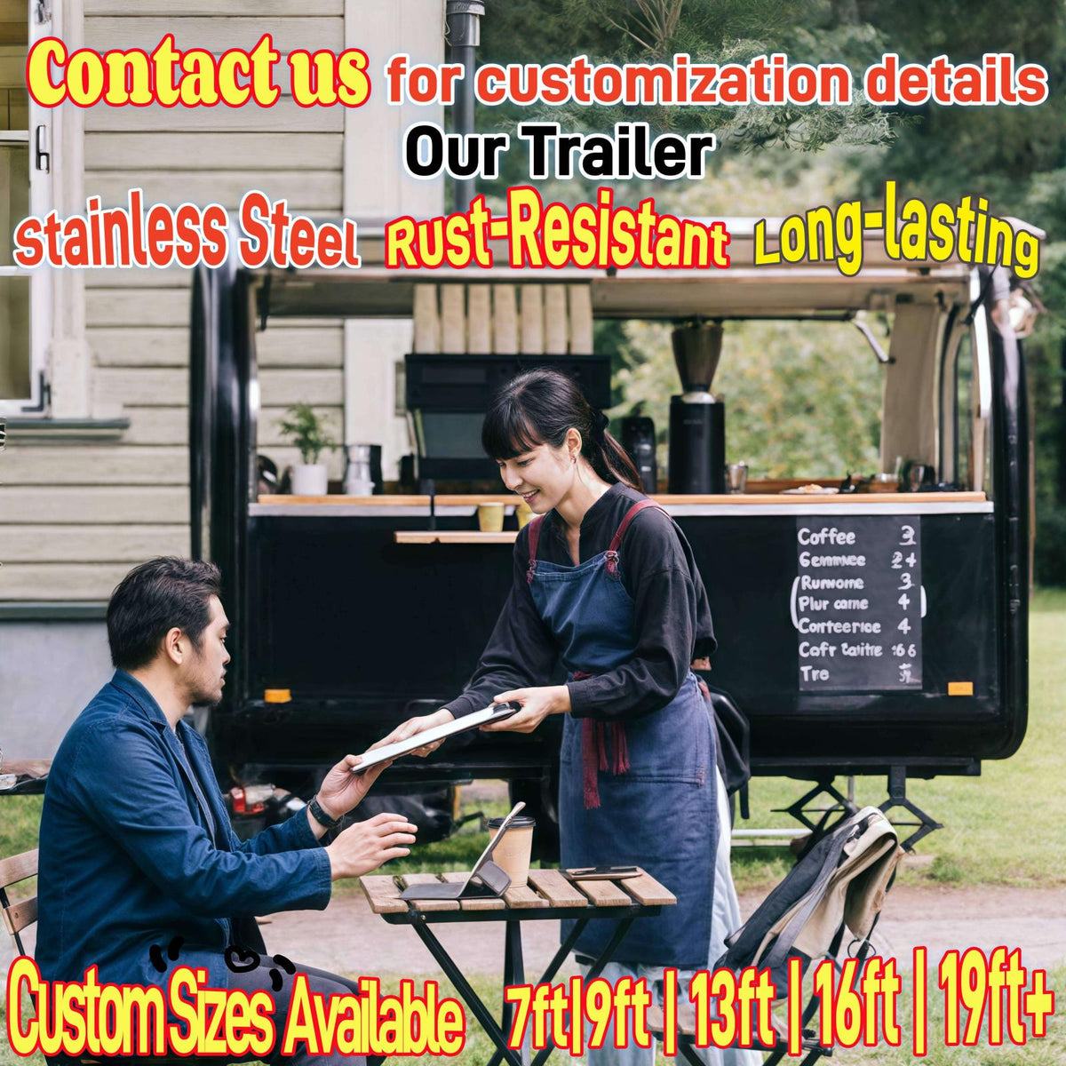Coffee trailer owner serving customers with drinks and menu outside a mobile coffee business