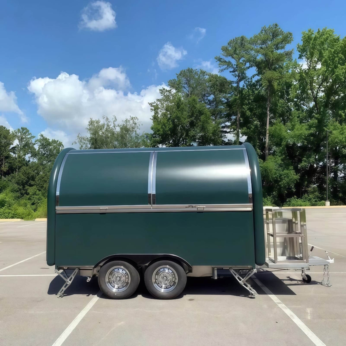 Custom rounded coffee trailer for sale with espresso machine and dual serving windows