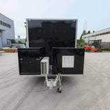 Commercial beverage trailer exterior with integrated generator compartments and air conditioning unit for mobile event operations