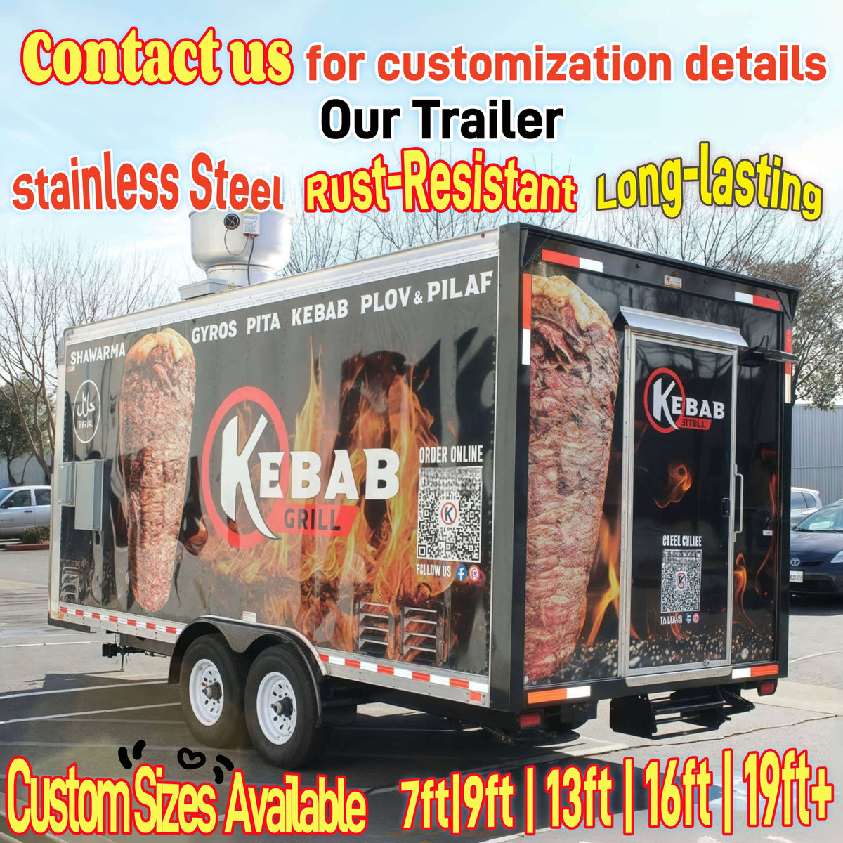 Rear exterior view of a custom kebab trailer showing stainless steel trim, entry door, and heavy-duty dual axle chassis.