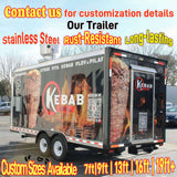 Rear exterior view of a custom kebab trailer showing stainless steel trim, entry door, and heavy-duty dual axle chassis.