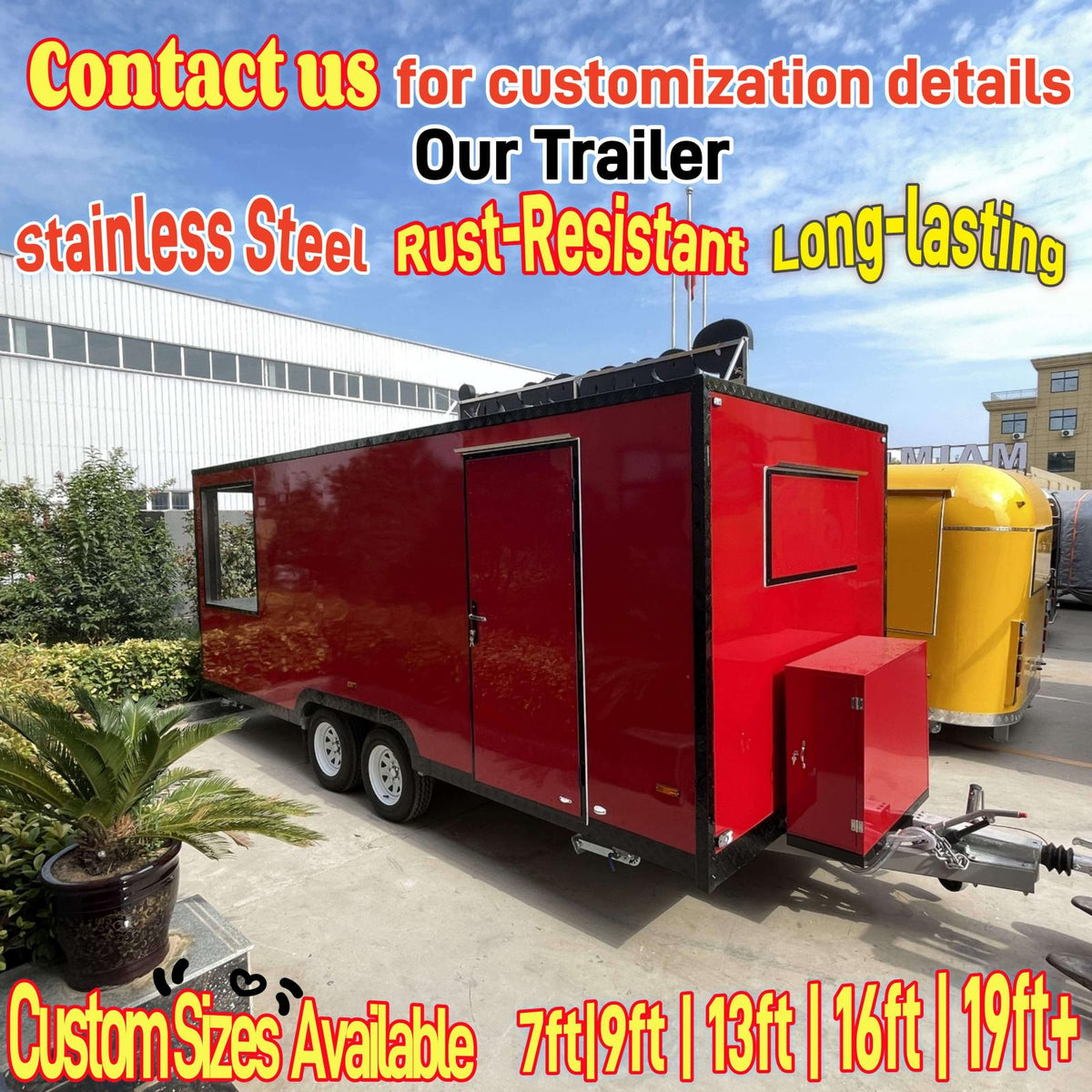 Exterior side view of a red square pizza food trailer showing the closed side entry door, heavy-duty dual axle chassis, front-mounted equipment box, and standard towing hitch.