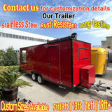 Exterior side view of a red square pizza food trailer showing the closed side entry door, heavy-duty dual axle chassis, front-mounted equipment box, and standard towing hitch.