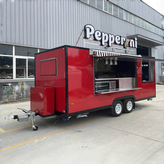 Red commercial pizza oven trailer with a dual axle chassis, open concession window, retractable awning, and custom illuminated rooftop pizza signage.
