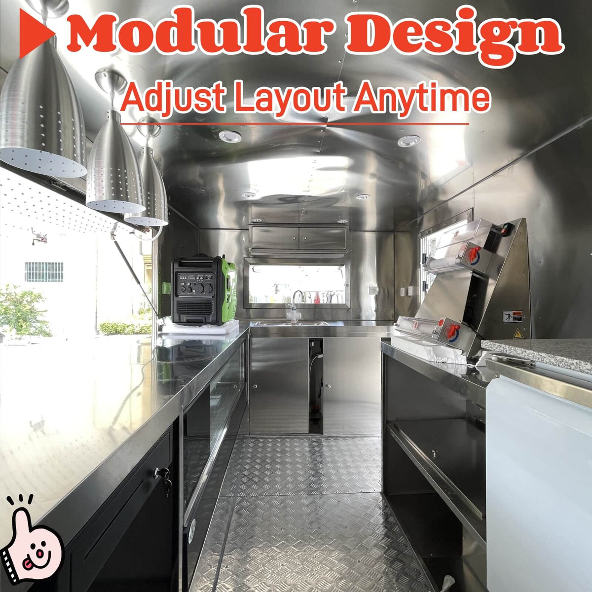 Commercial pizza trailer interior with stainless steel walls, aluminum diamond plate flooring, and an open service window for customer ordering.