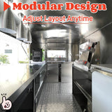Commercial pizza trailer interior with stainless steel walls, aluminum diamond plate flooring, and an open service window for customer ordering.