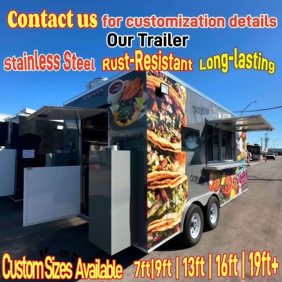 Full side-profile exterior view of a square box taco concession trailer featuring custom street food graphic wrapping and a heavy-duty dual-axle platform