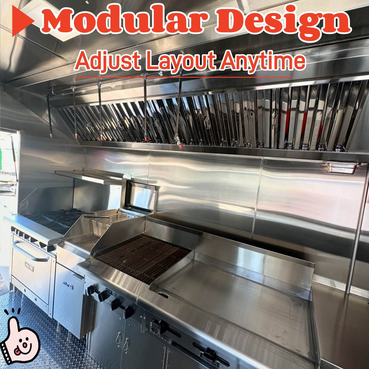 Interior view of a custom taco food trailer featuring commercial stainless steel cooking equipment, a flat-top griddle, and an overhead exhaust hood system.