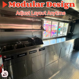 Interior view of a custom taco food trailer showing a commercial 3-compartment sink, handwashing basin, stainless steel countertops, and storage cabinets.