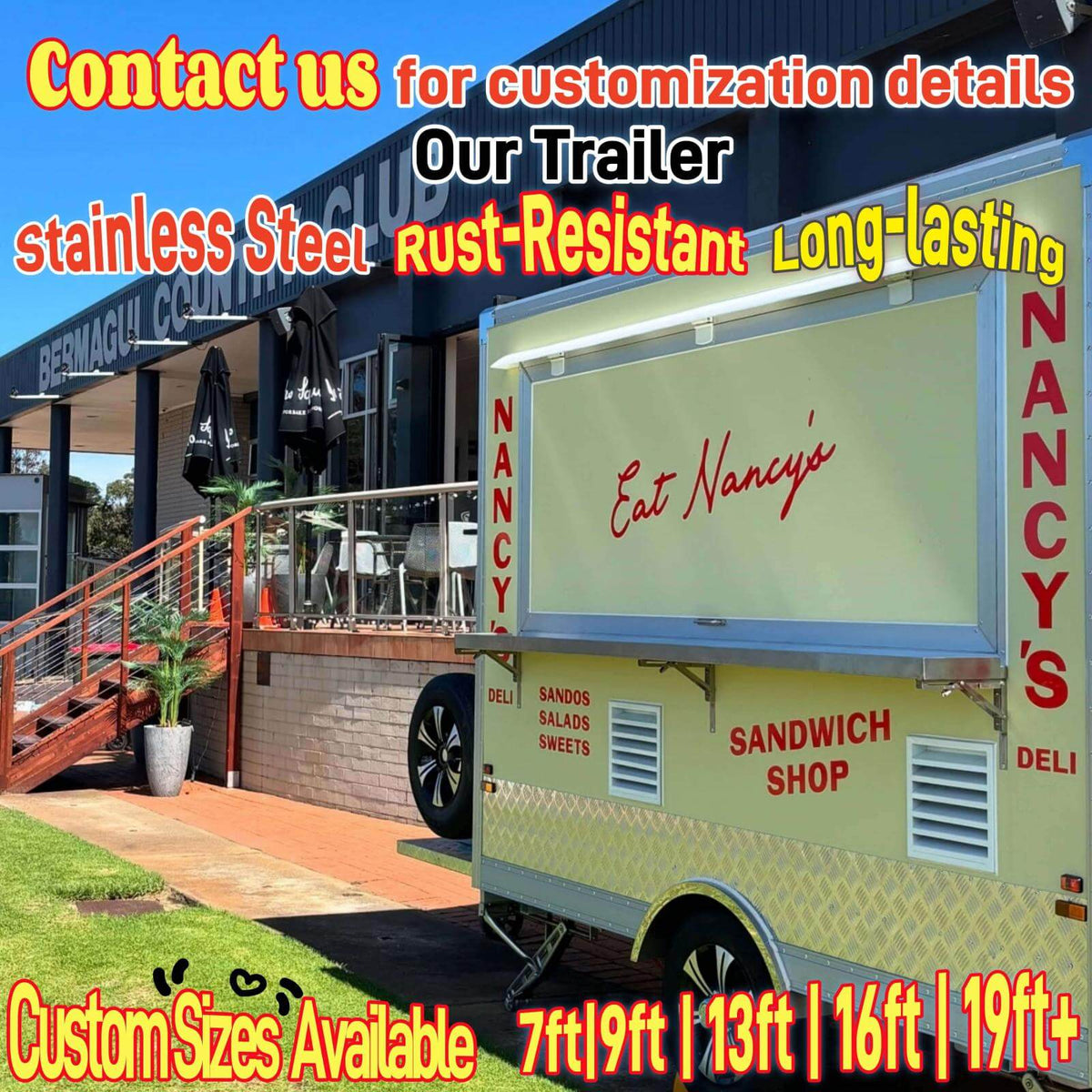 Compact concession trailer exterior with closed service window, fold-down counter, and custom branding at an operating location