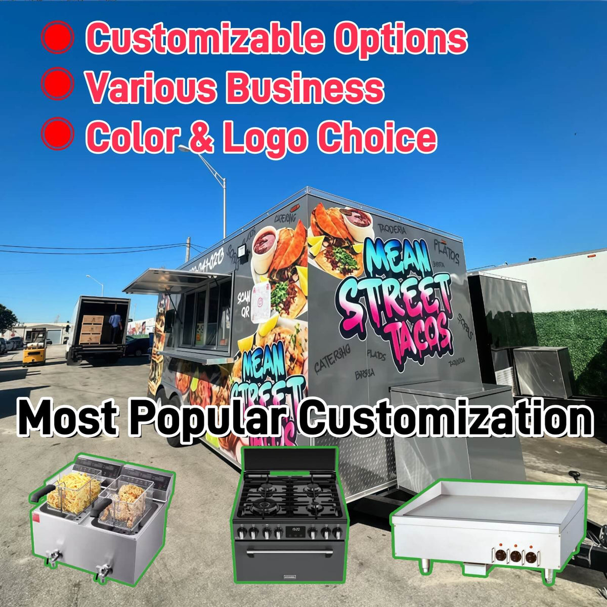 Custom gray taco concession trailer for sale with full wrap branding optional fryer gas range and griddle color and logo customization