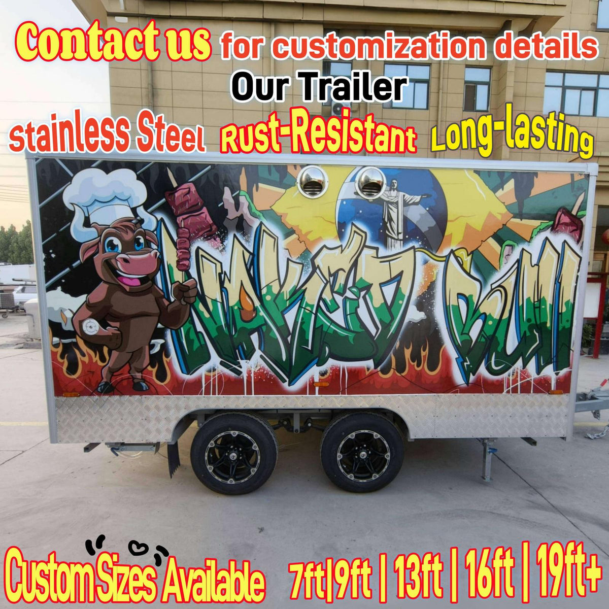 Rear view of a custom BBQ trailer with full vinyl wrap branding covering the exterior panels