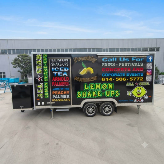 Custom beverage concession trailer with multiple service windows and professional exterior branding for mobile drink businesses