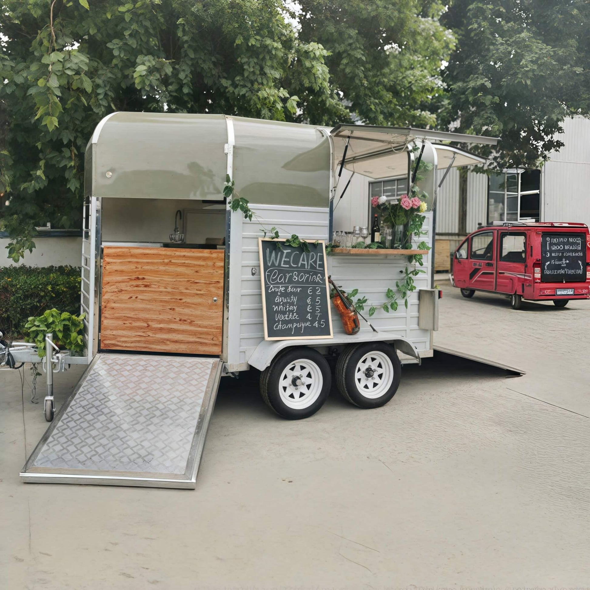 Custom beverage horse trailer for sale – white rustic wood panel bar setup with ramp by Isabella Trailer