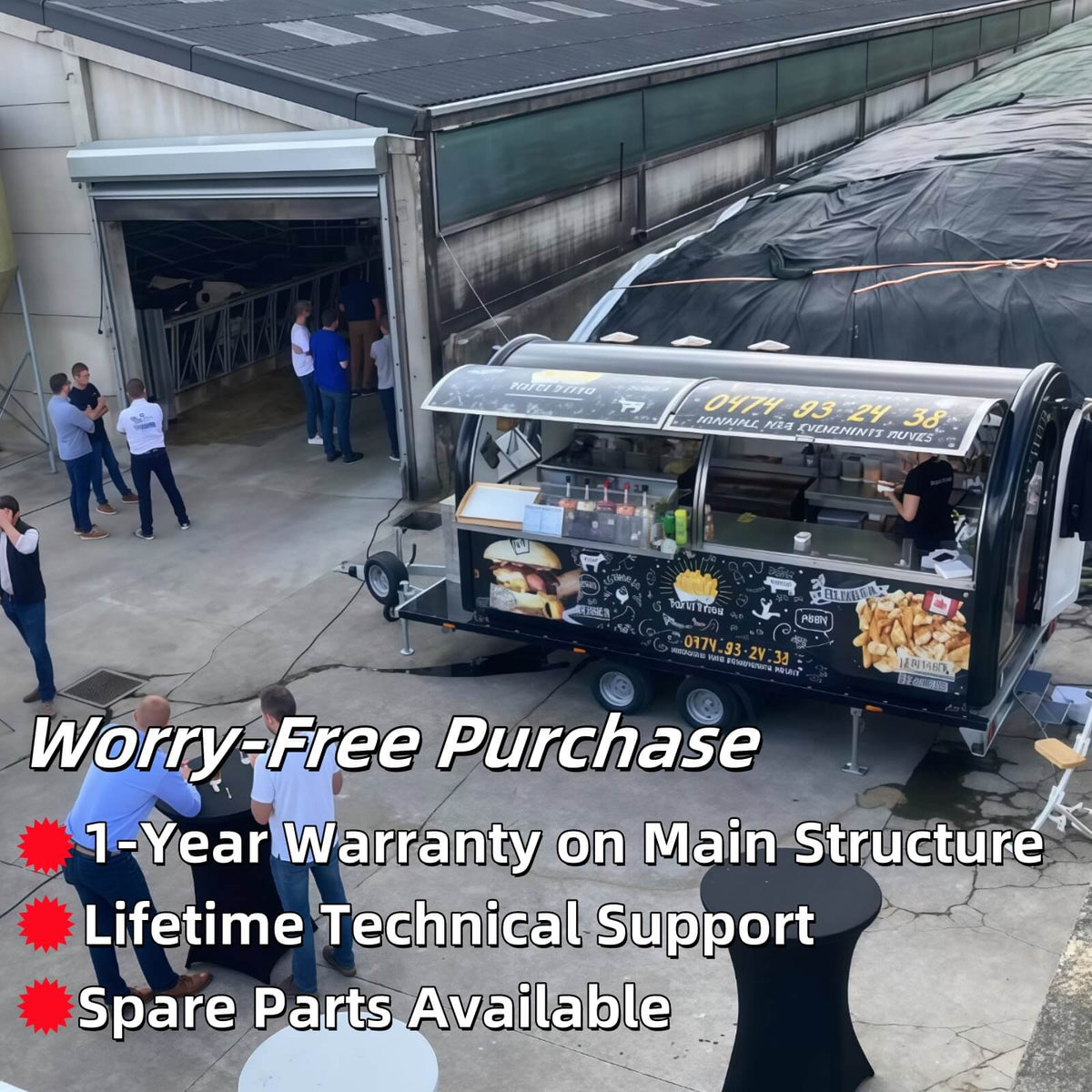 Custom burger trailer operating with open service windows during commercial food service inspection