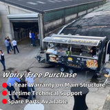Custom burger trailer operating with open service windows during commercial food service inspection
