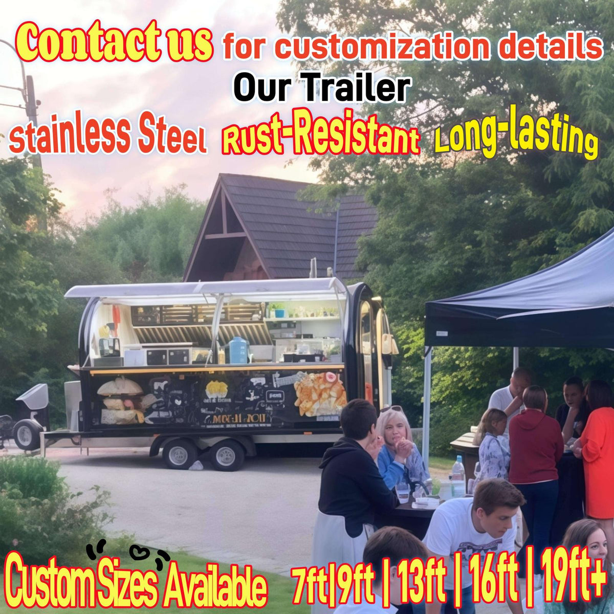 Customers enjoying food service from a custom burger trailer during commercial operation