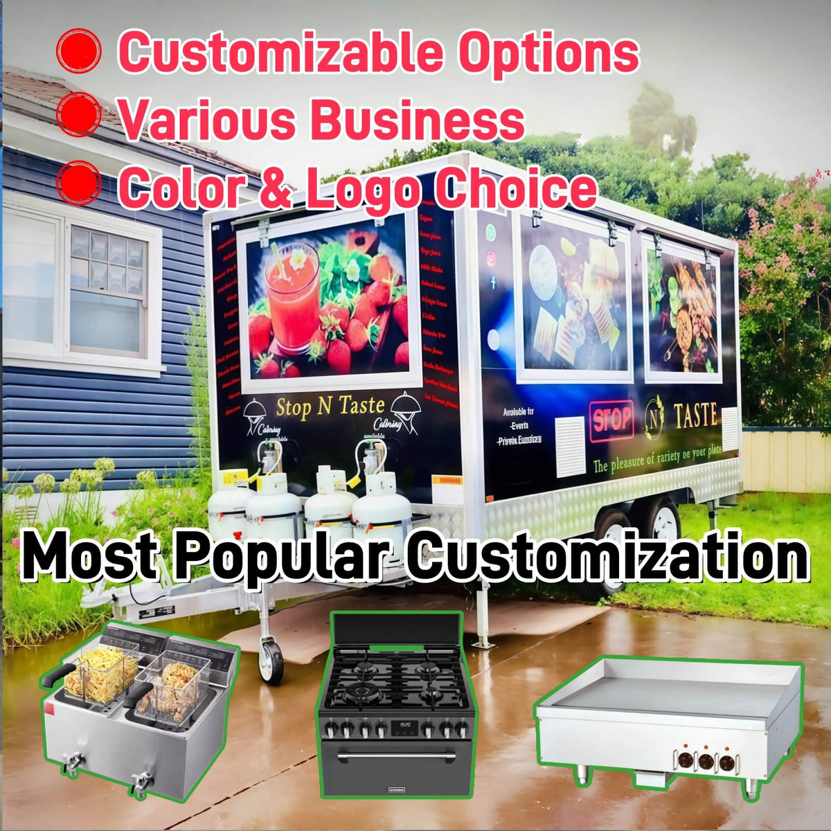 Custom concession trailer with closed service windows featuring graphic wrap branding, front-mounted propane tanks, and a square box trailer design.
