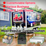 Custom concession trailer with closed service windows featuring graphic wrap branding, front-mounted propane tanks, and a square box trailer design.