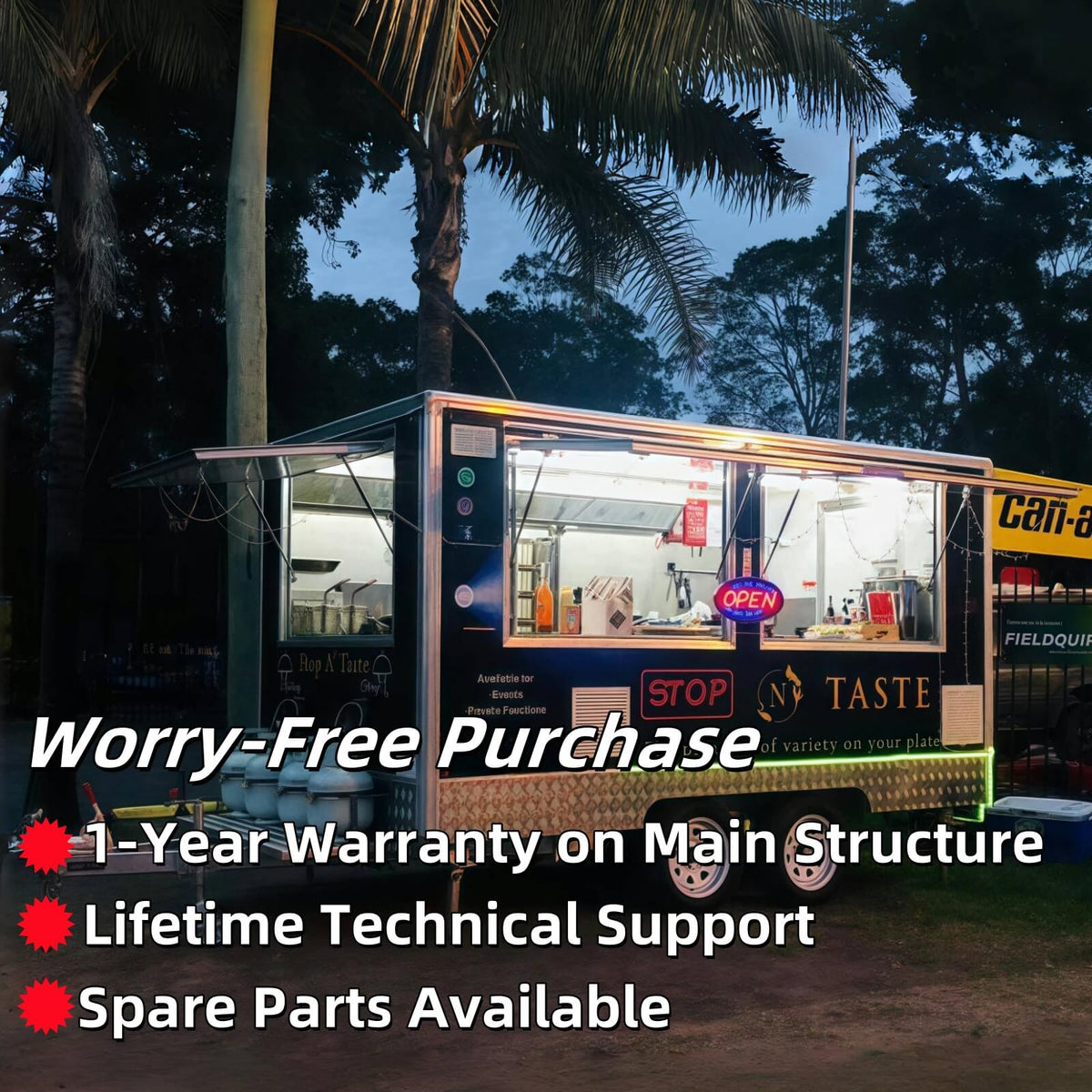 Night view of a custom food concession trailer with illuminated interior lighting, open service windows, and a fully equipped mobile kitchen setup for events and catering operations.