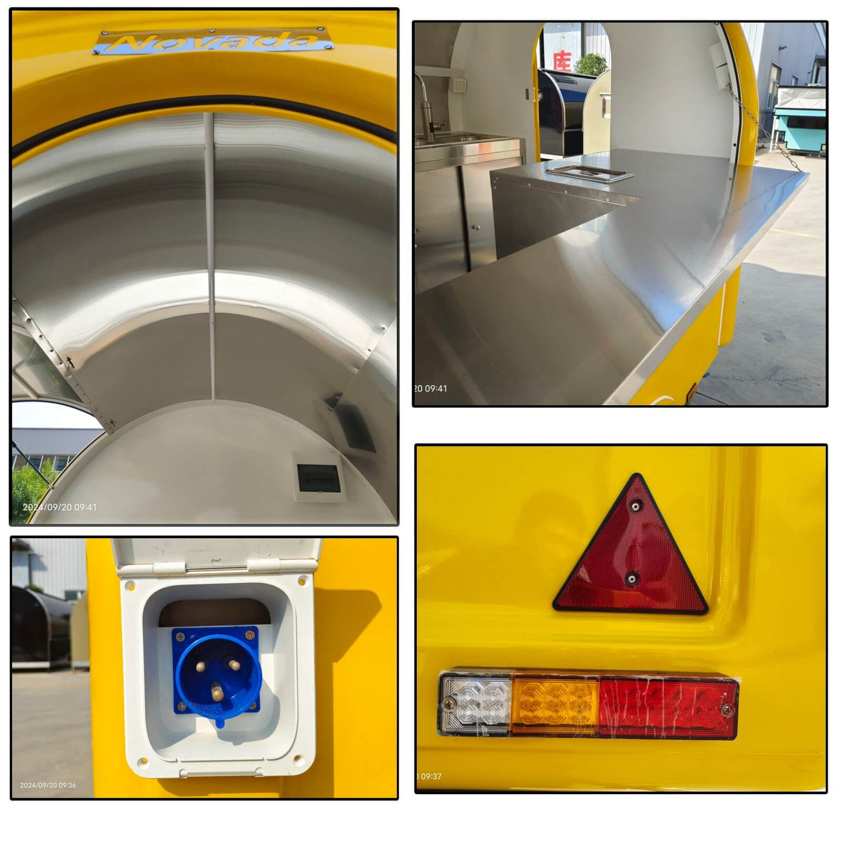 Hardware details of the custom rounded food trailer showing the stainless steel workbench, external waterproof power inlet, and rear compliance lights.