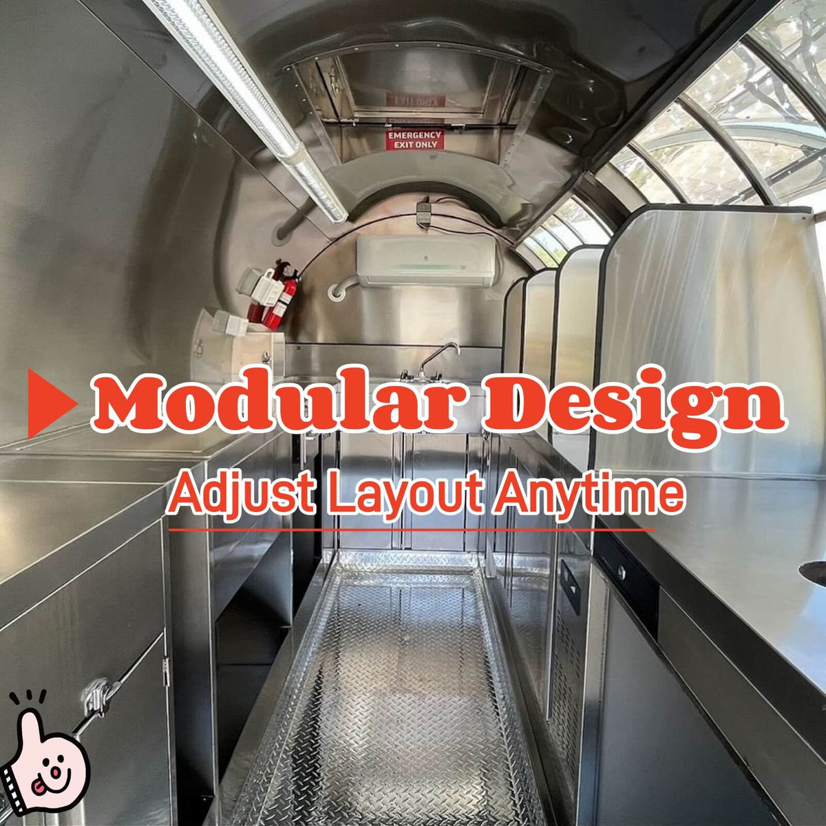 Commercial kitchen interior of a custom food trailer showing a stainless steel sink assembly wall air conditioner and flexible workspace