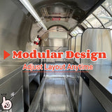 Commercial kitchen interior of a custom food trailer showing a stainless steel sink assembly wall air conditioner and flexible workspace
