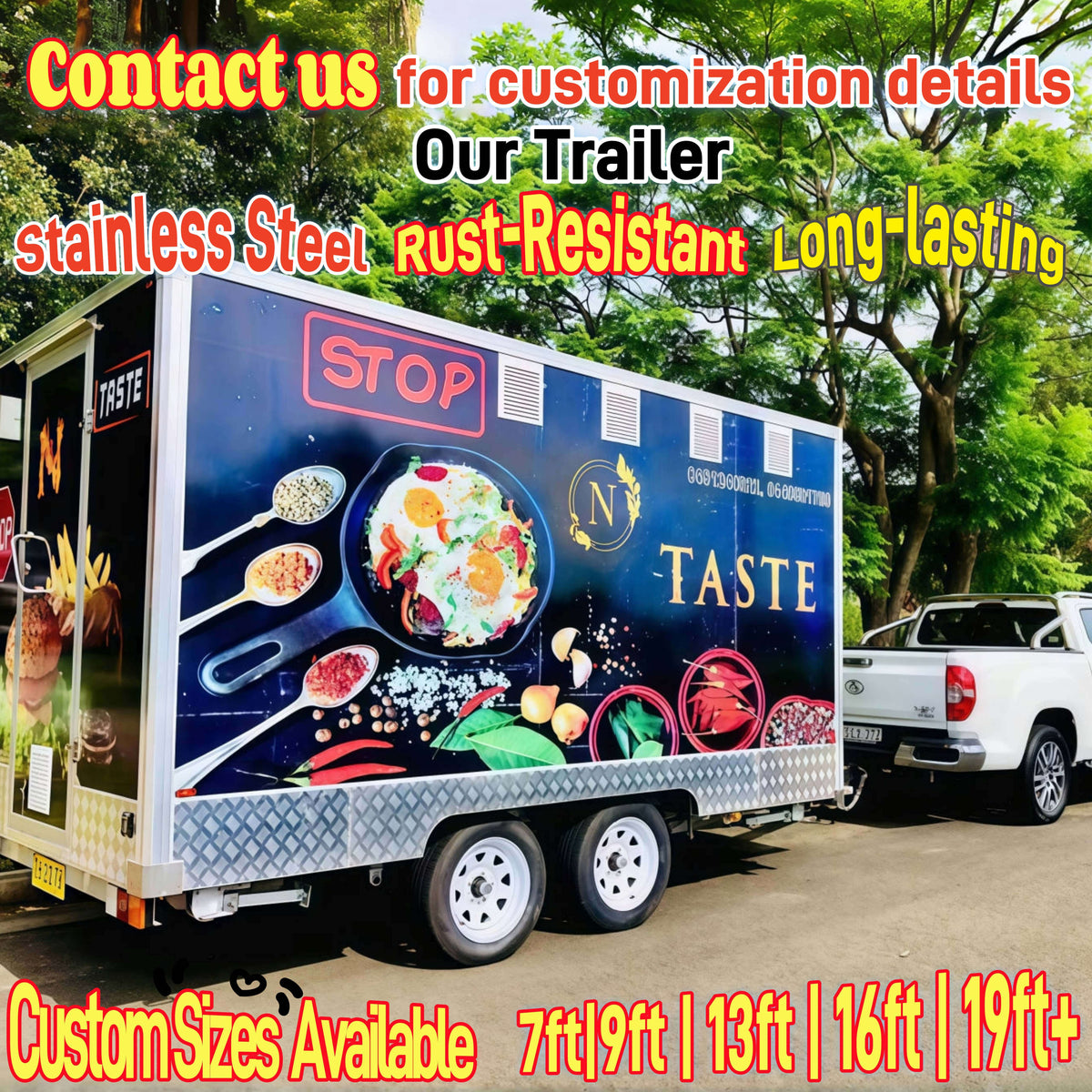 Custom food trailer being towed by a pickup truck on the road, featuring a full-body graphic wrap design and heavy-duty dual axle chassis.