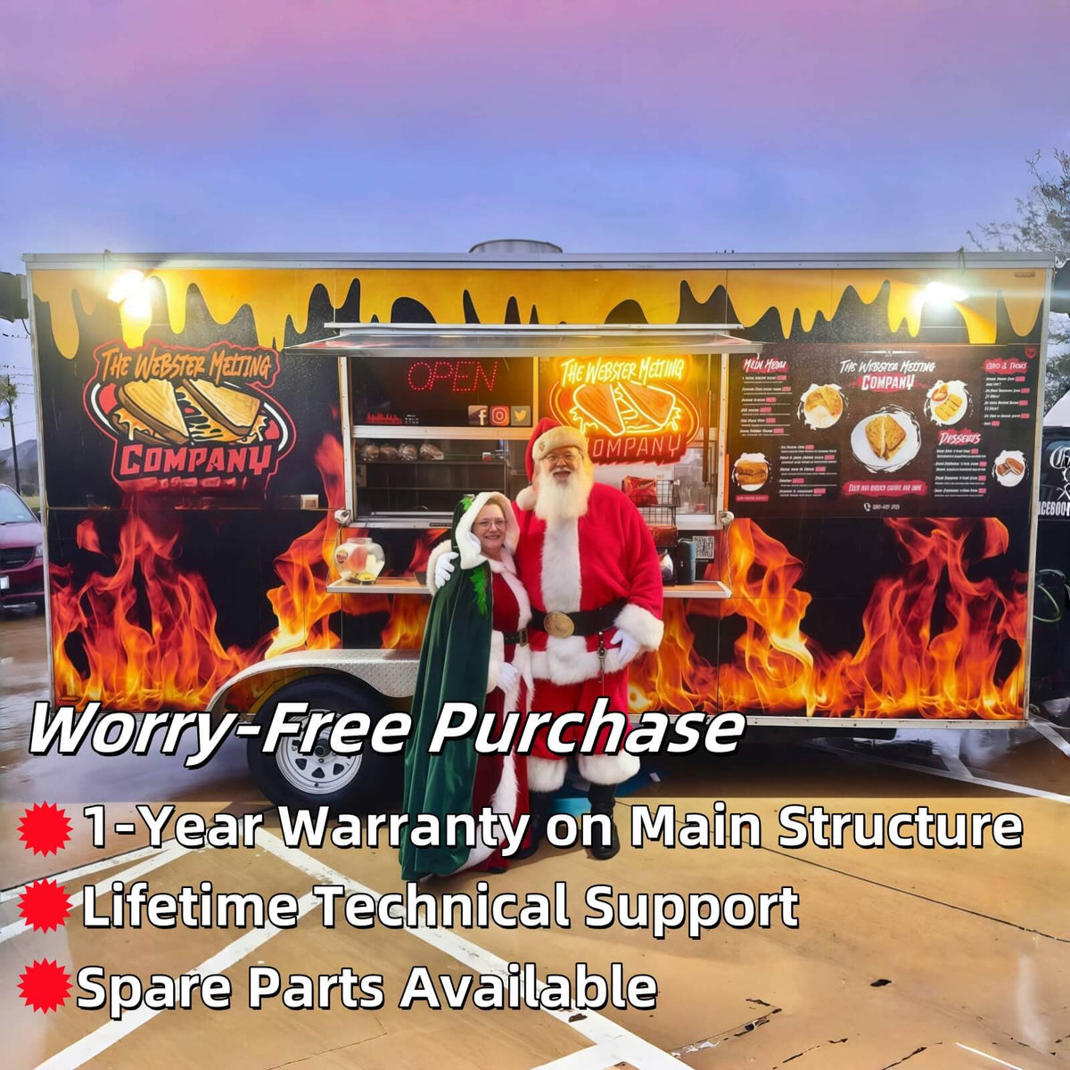 Side exterior view of a custom food trailer featuring a vibrant flame-themed graphic wrap, a concession service window, and an integrated menu display for mobile catering businesses.