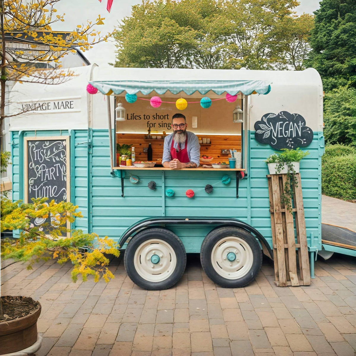 Custom horse trailer beverage bar – teal wrap open service window vendor smiling by Isabella Trailer