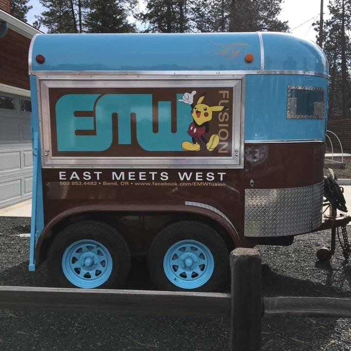 Custom horse trailer food truck for sale – blue and brown wrap with full branding by Isabella Trailer