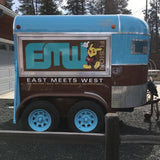 Custom horse trailer food truck for sale – blue and brown wrap with full branding by Isabella Trailer