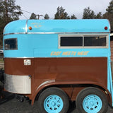 Custom horse trailer mobile kitchen side view – East Meets West branding dual axle