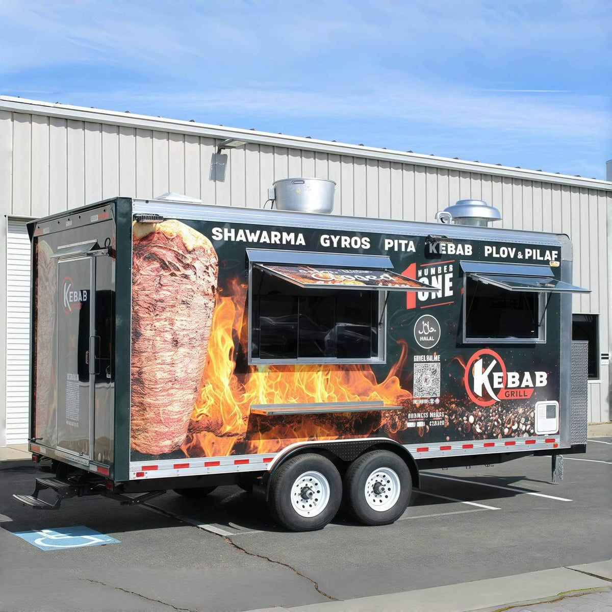 Side exterior view of a custom kebab and shawarma food trailer with a full-body graphic wrap, dual service windows, and a heavy-duty dual axle chassis.