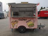 Custom pink rounded crepe trailer front view open – full-width lift-up canopy stainless counter by Isabella Trailer