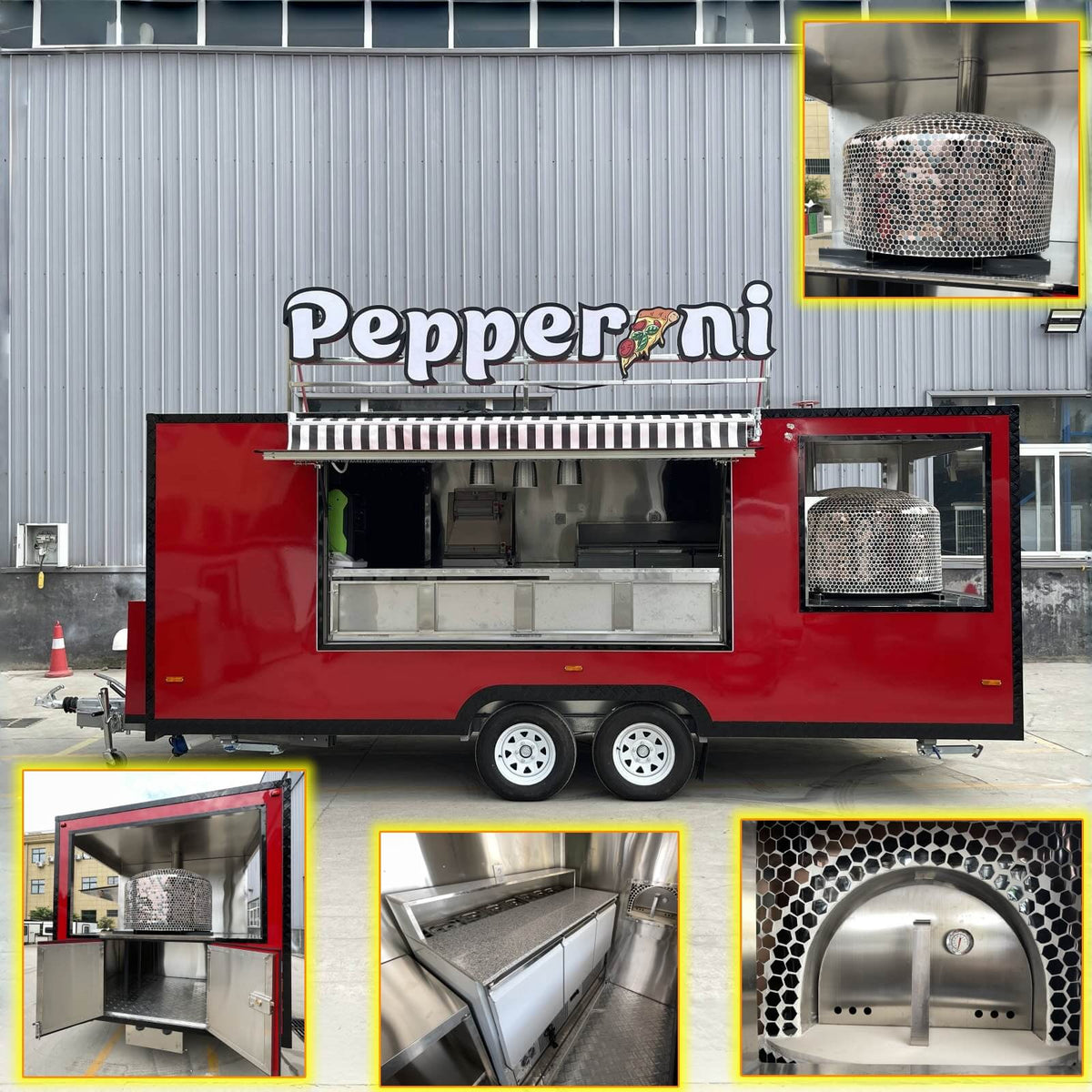 Custom pizza food trailer featuring an oven viewing window, commercial pizza oven display, stainless steel kitchen interior, and mobile pizzeria design.