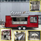 Custom pizza food trailer featuring an oven viewing window, commercial pizza oven display, stainless steel kitchen interior, and mobile pizzeria design.