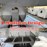 Custom rounded Mexican food trailer interior with stainless steel counters and three compartment sink