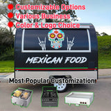 Black rounded Mexican food trailer exterior with Sugar Skull wrap and customized equipment options